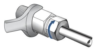 Hold the fitting body steady and tighten the nut to the specified torque