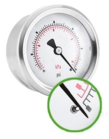 A gauge with its pointer pegged against the stop pin indicates it is operating near or past its maximum pressure