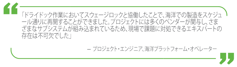 スウェージロックのサポートを受けることで、プロジェクトを予定通りに、かつ予算内で進めることができた海上プラットフォーム運営会社のコメント