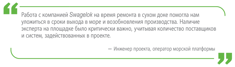 Цитата оператора морской платформы о том, как Swagelok помогла выполнить проект в срок и в рамках бюджета
